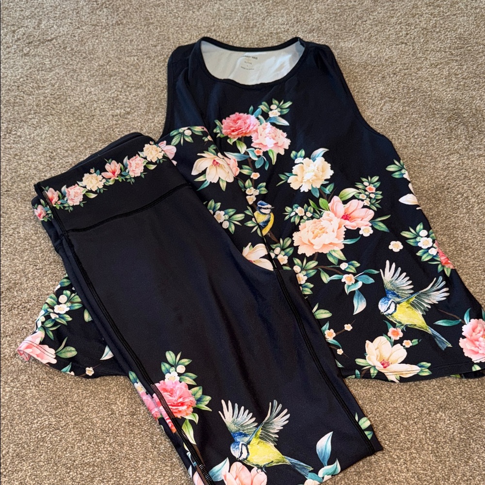 Johnny Was Floral and Bird Print Set - Black and Pink